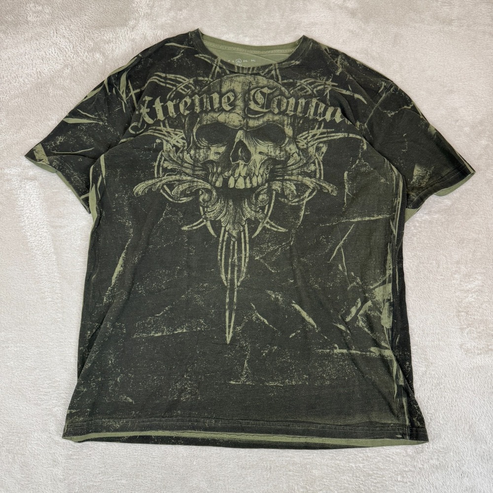 VTG Y2K Xtreme Couture Skull Tribal Shirt Mens XL Green Preowned‎ Gothic Punk